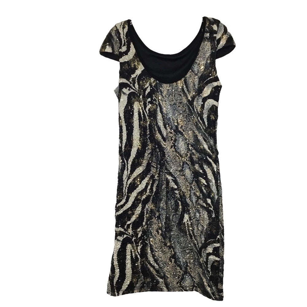 FRANK Lyman Design Metallic Zebra Print Stretch Midi Cap Sleeve Dress - Size 12